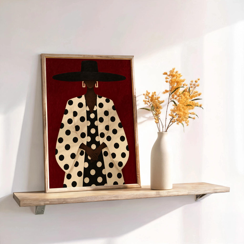 Black Woman Polka Dot Wall Art, Abstract Fashion Hat Portrait, Faceless Bold Pattern Print for Modern Interiors, Chic Afrocentric Decor