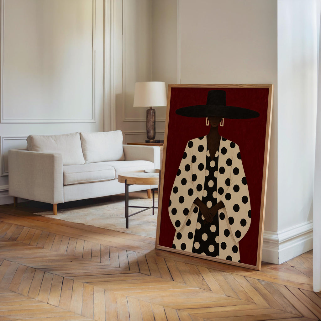 Black Woman Polka Dot Wall Art, Abstract Fashion Hat Portrait, Faceless Bold Pattern Print for Modern Interiors, Chic Afrocentric Decor