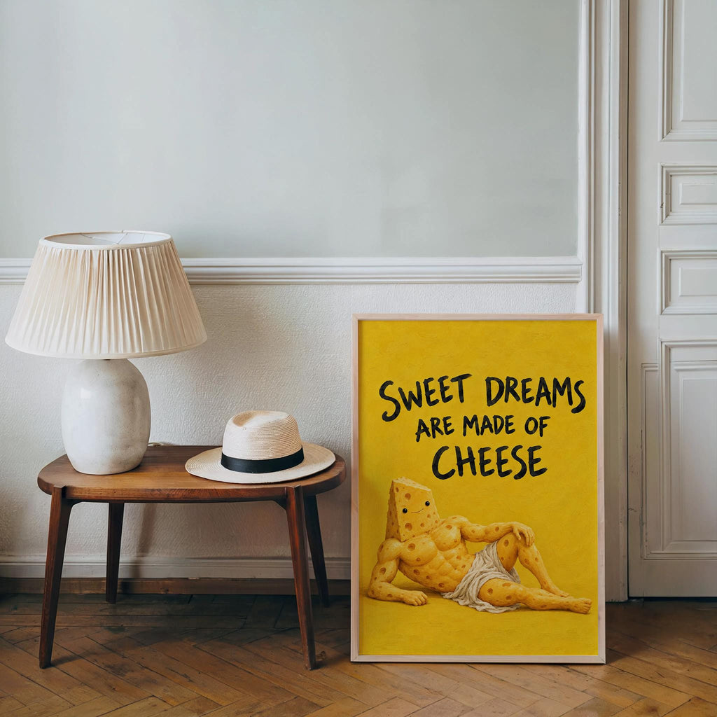 Sweet Dreams Are Made of Cheese Wall Art, Funny Cheese Poster, Food Lover Kitchen Print, Surreal Dining Room Decor, Quirky Cheese Lover Gift