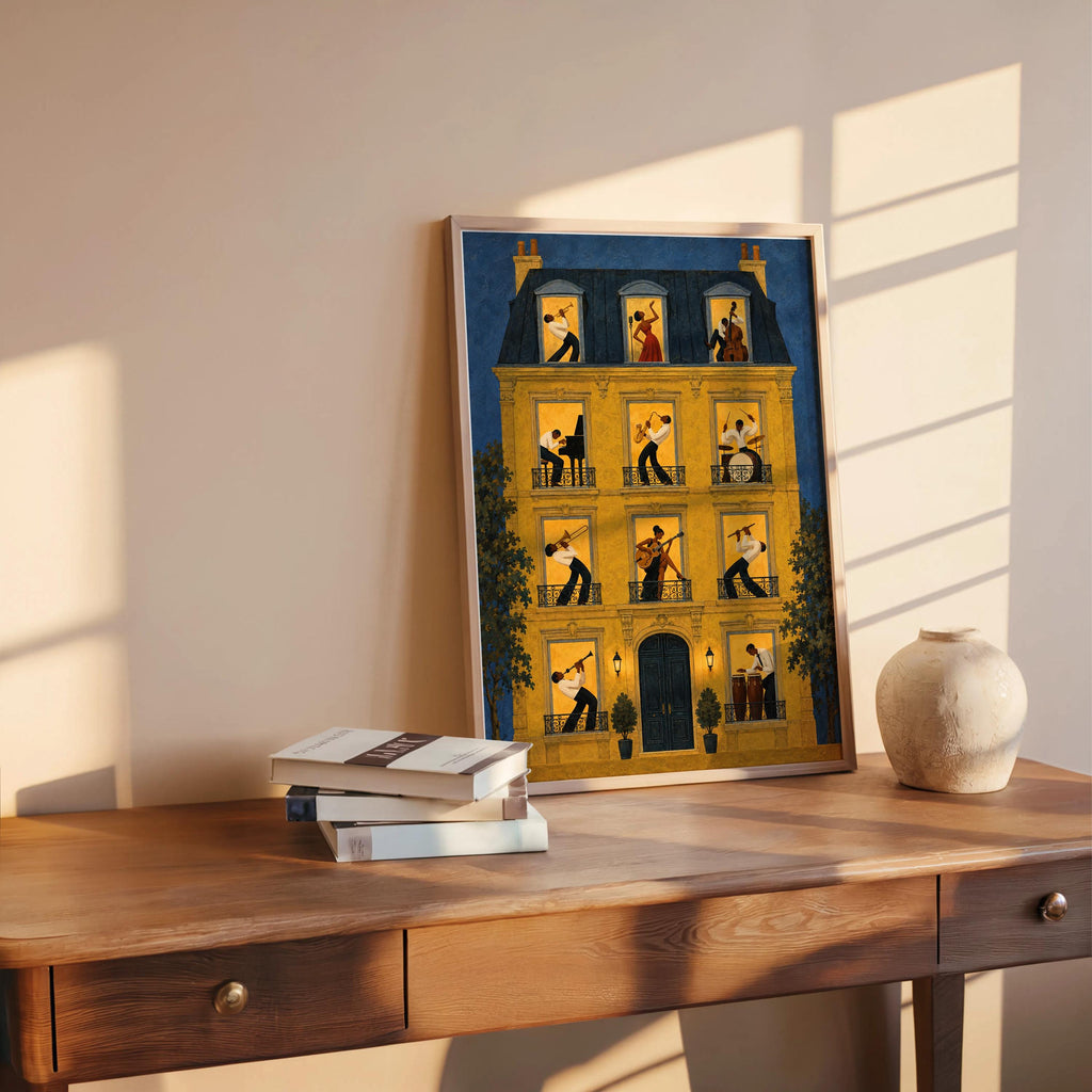 Jazz music wall art print on wooden desk with sunlight, retro music print mood, ideal musician gift idea