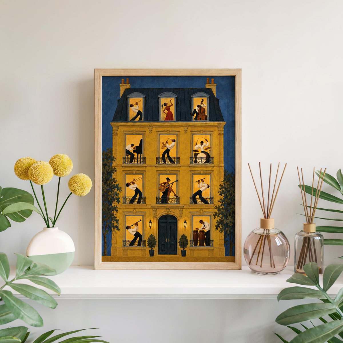 Framed jazz music wall art print over mantel with flowers, vintage jazz poster colors, music room decor flair