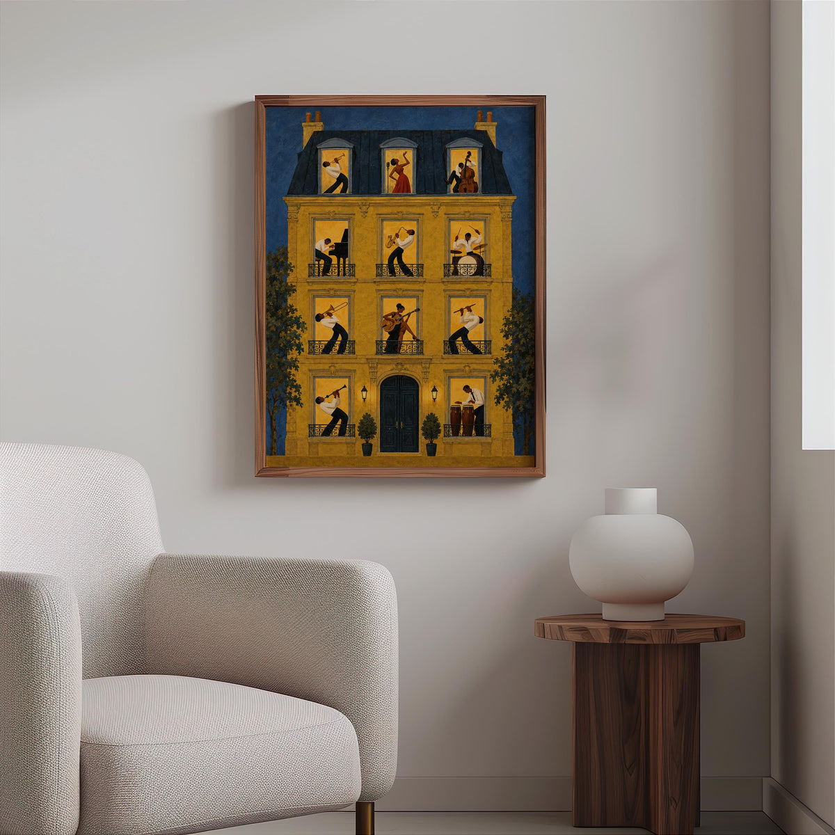 Hung jazz music wall art print above boucle chair, navy and amber palette, jazz house illustration charm