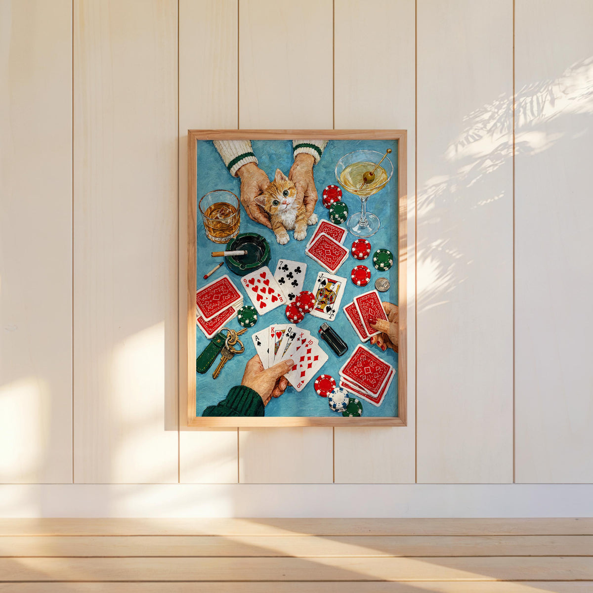 Funny Casino Cat Print, Poker Night Wall Art, Playing Cards and Cocktails Illustration, Retro Game Room Decor, Quirky Feline Poster