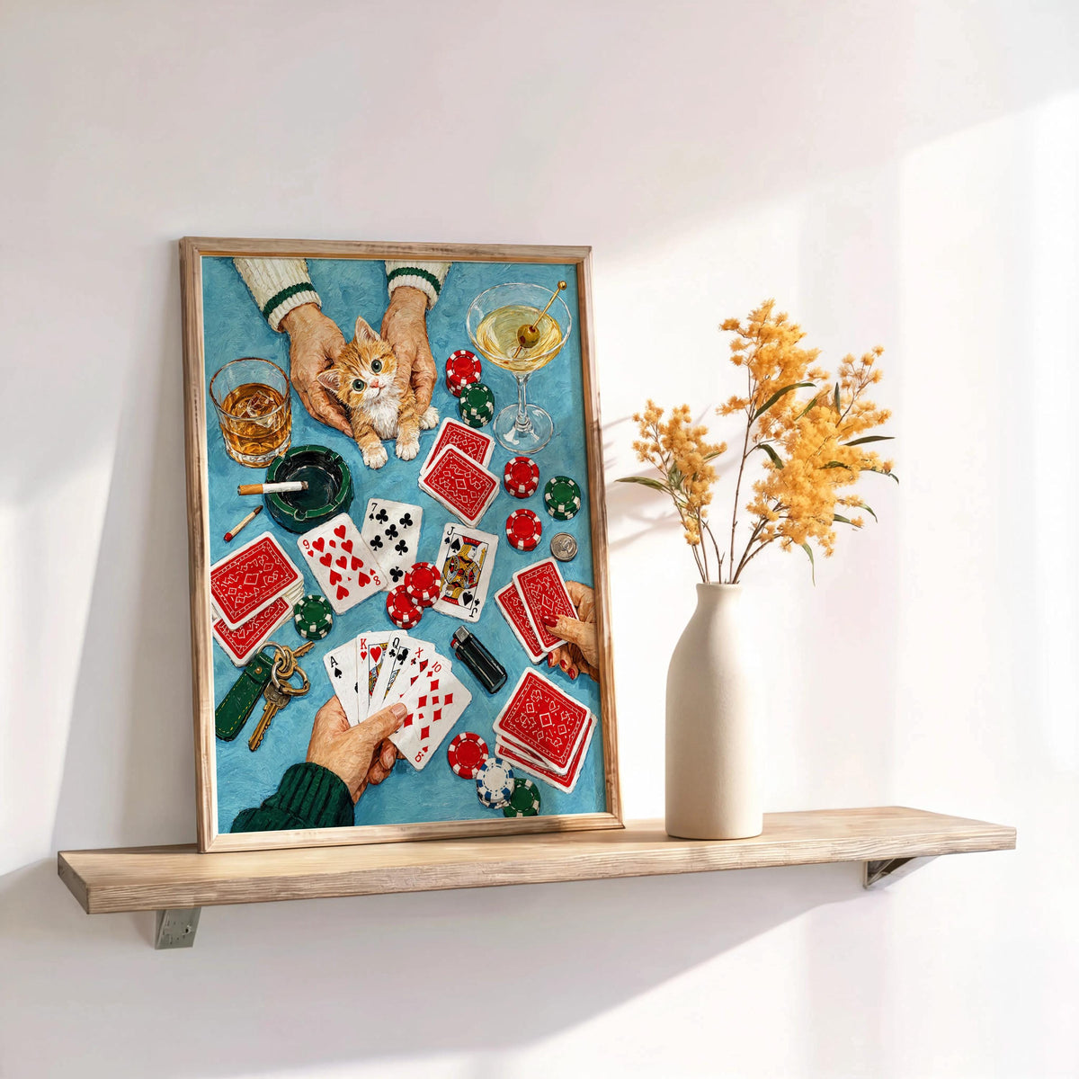 Funny Casino Cat Print, Poker Night Wall Art, Playing Cards and Cocktails Illustration, Retro Game Room Decor, Quirky Feline Poster
