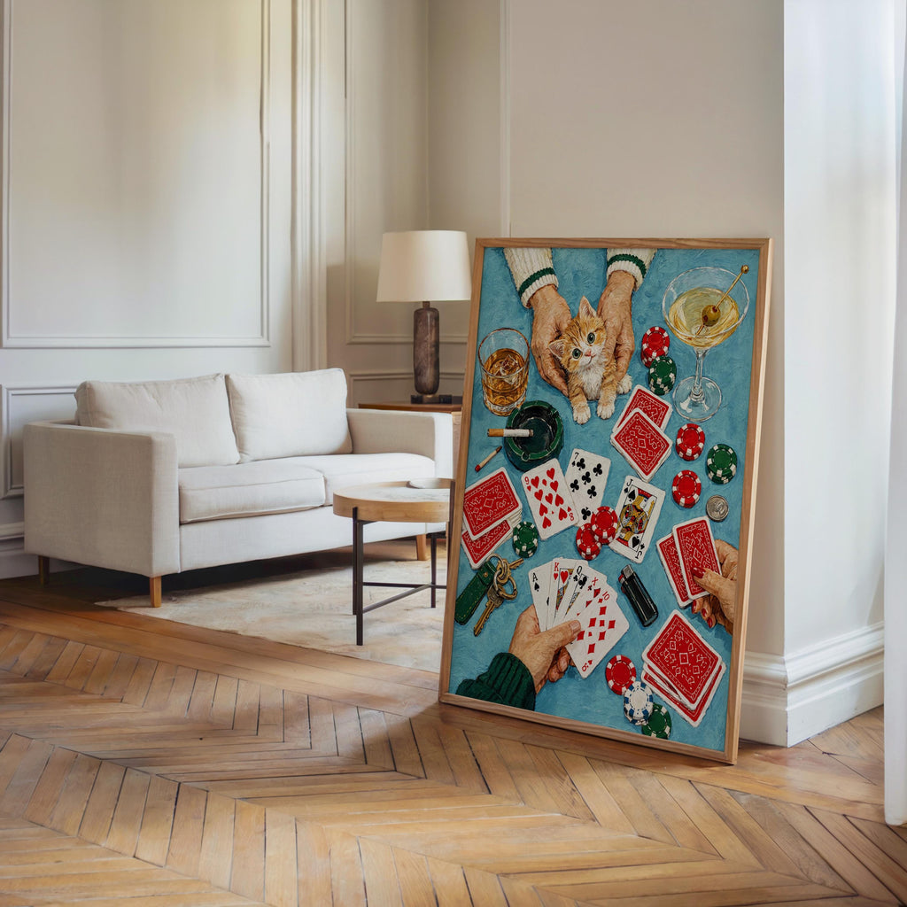 Funny Casino Cat Print, Poker Night Wall Art, Playing Cards and Cocktails Illustration, Retro Game Room Decor, Quirky Feline Poster