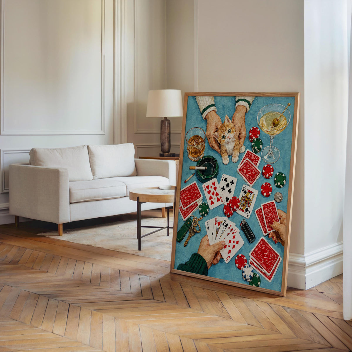 Funny Casino Cat Print, Poker Night Wall Art, Playing Cards and Cocktails Illustration, Retro Game Room Decor, Quirky Feline Poster
