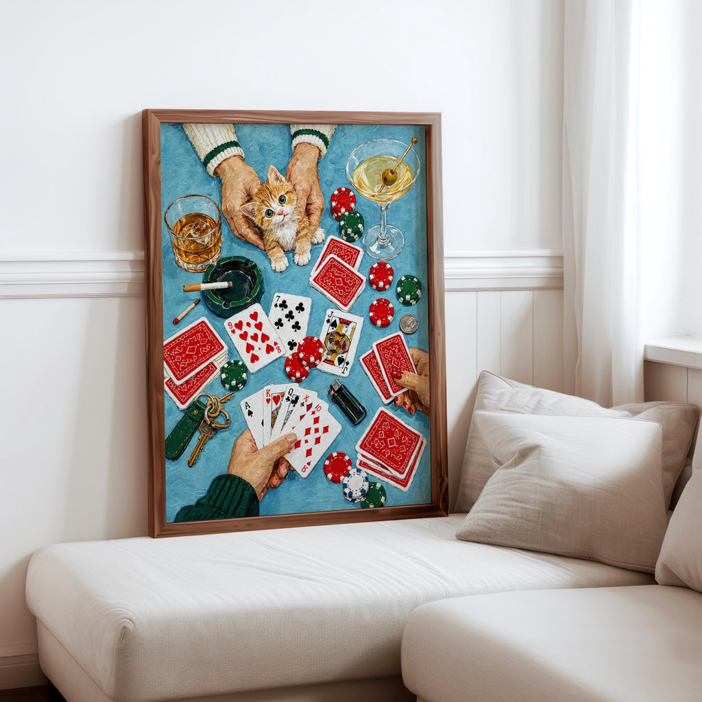 Funny Casino Cat Print, Poker Night Wall Art, Playing Cards and Cocktails Illustration, Retro Game Room Decor, Quirky Feline Poster