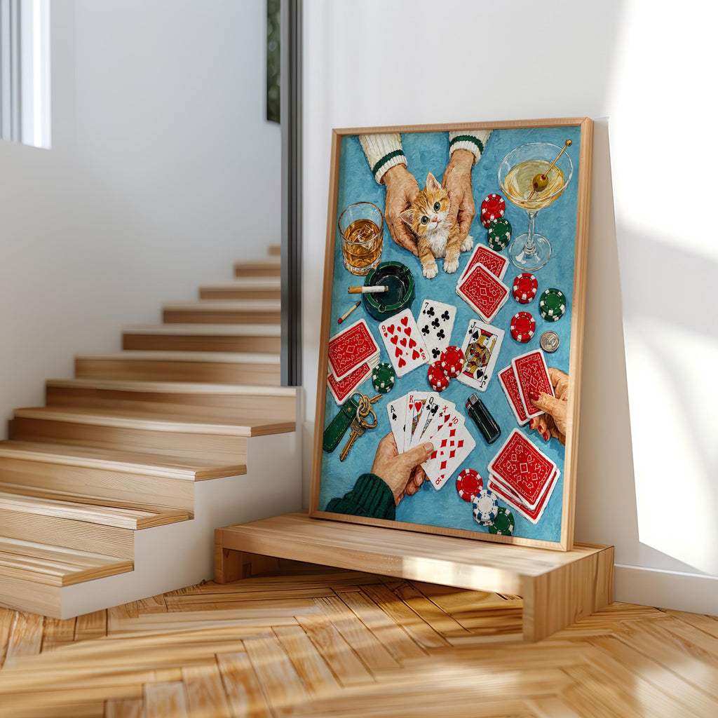 Funny Casino Cat Print, Poker Night Wall Art, Playing Cards and Cocktails Illustration, Retro Game Room Decor, Quirky Feline Poster