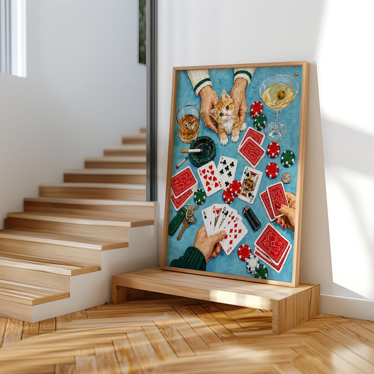 Funny Casino Cat Print, Poker Night Wall Art, Playing Cards and Cocktails Illustration, Retro Game Room Decor, Quirky Feline Poster