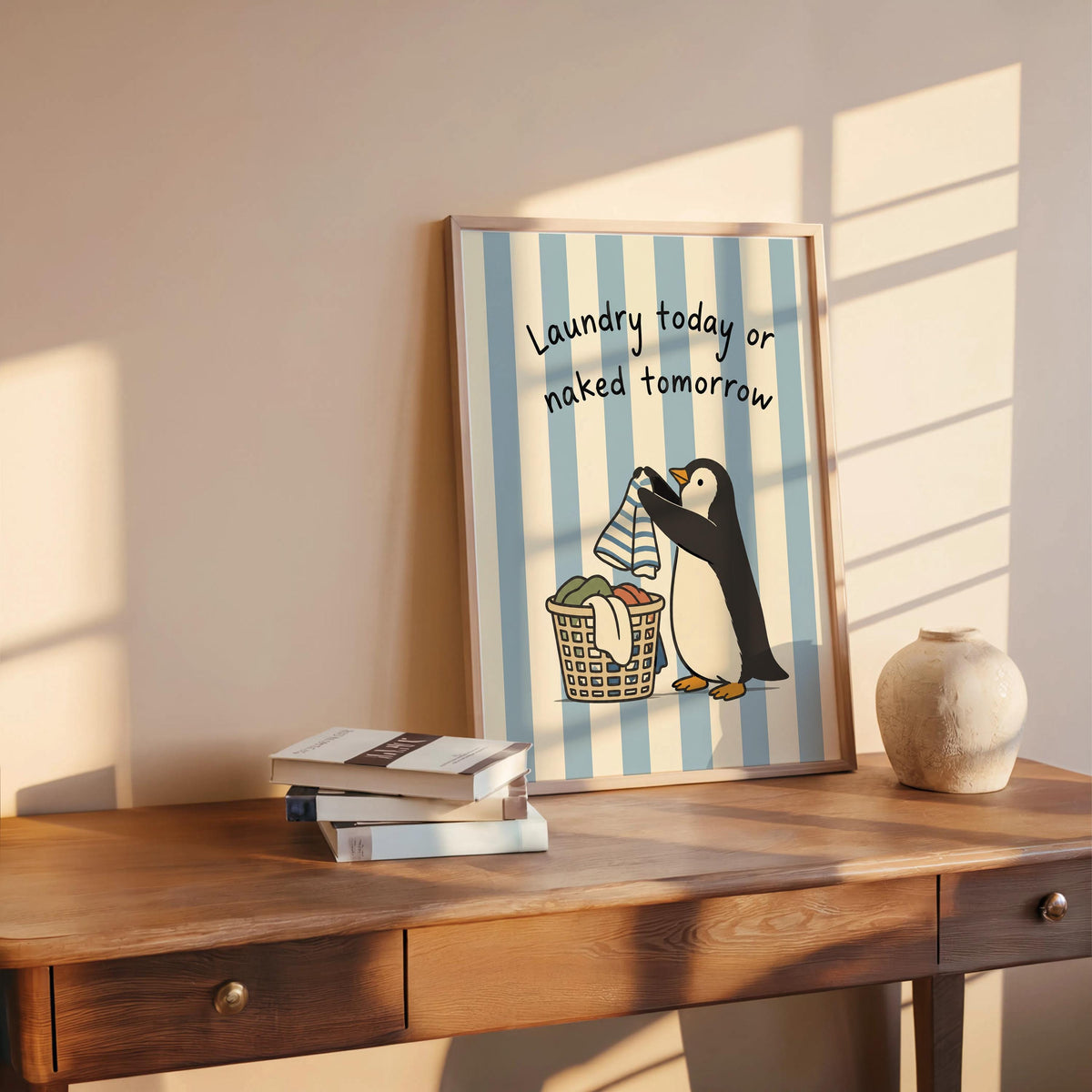 Funny Penguin Laundry Poster, Blue Striped Utility Room Decor, Playful Home Chore Wall Art, Laundry Today or Naked Tomorrow