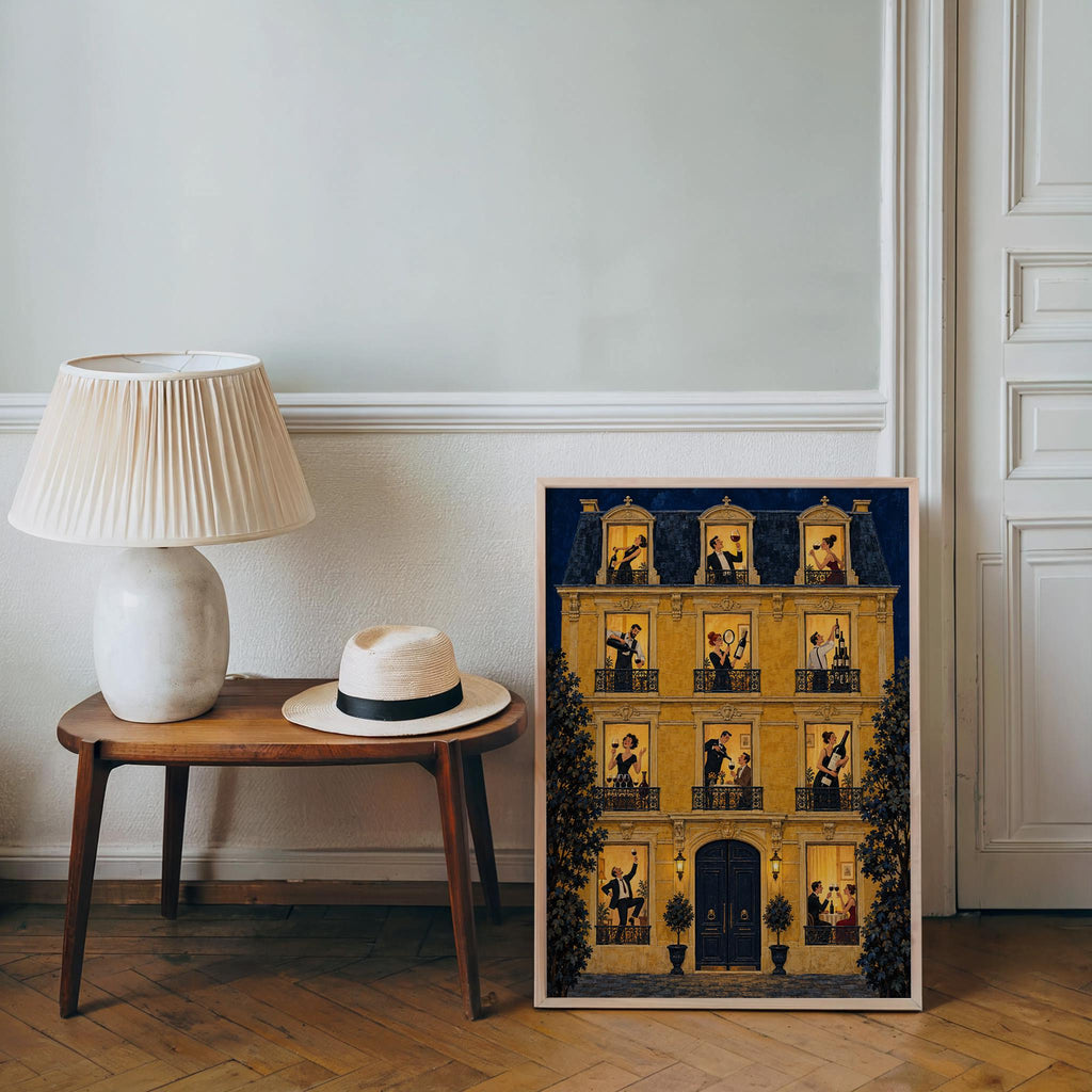 French Wine Wall Art, Vintage Paris Apartment Poster, Wine Lover Print, Yellow European City Illustration, Retro Dining Kitchen Decor