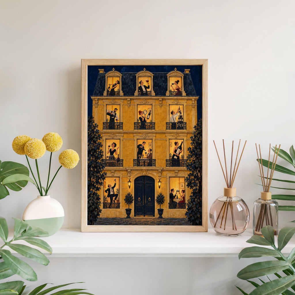 French Wine Wall Art, Vintage Paris Apartment Poster, Wine Lover Print, Yellow European City Illustration, Retro Dining Kitchen Decor