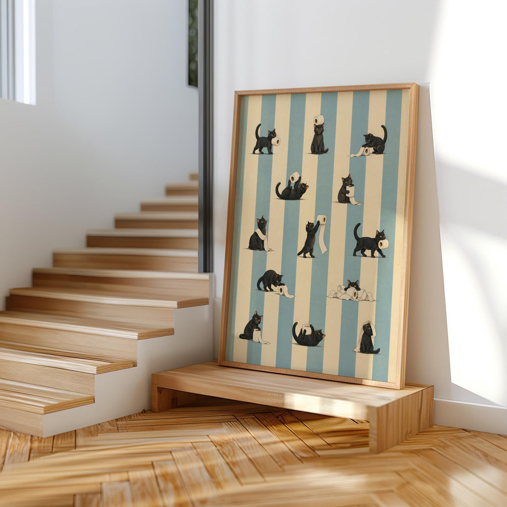 Cat Bathroom Print, Funny Toilet Paper Cats, Vintage Striped Animal Wall Art, Quirky Restroom Decor