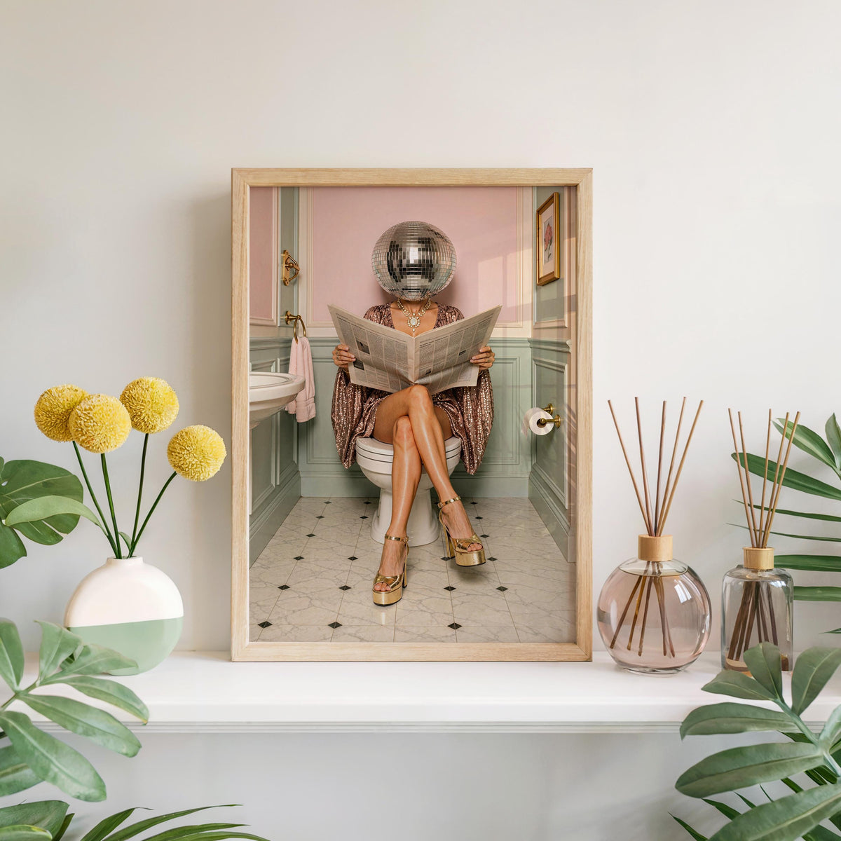 Disco Ball Head Woman Reading Newspaper Art Print, Funny Bathroom Wall Decor, Surreal Toilet Poster, Girly Vintage Trendy Restroom Gift