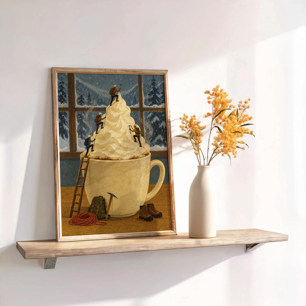 Surreal Coffee Wall Art, Tiny Mountaineers Poster, Cozy Winter Kitchen or Cafe Decor, Miniature People Climbin Mountain Poster