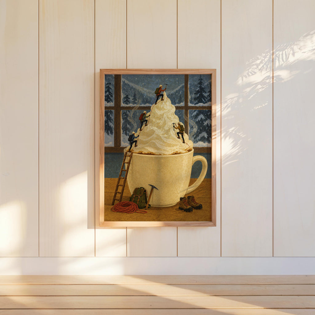 Surreal Coffee Wall Art, Tiny Mountaineers Poster, Cozy Winter Kitchen or Cafe Decor, Miniature People Climbin Mountain Poster