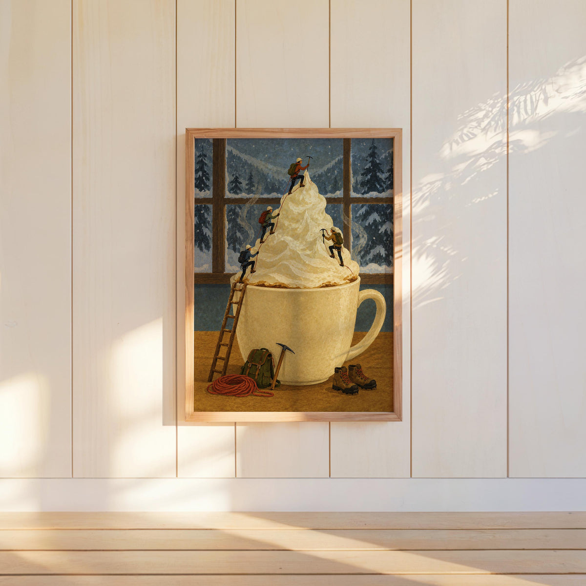 Surreal Coffee Wall Art, Tiny Mountaineers Poster, Cozy Winter Kitchen or Cafe Decor, Miniature People Climbin Mountain Poster