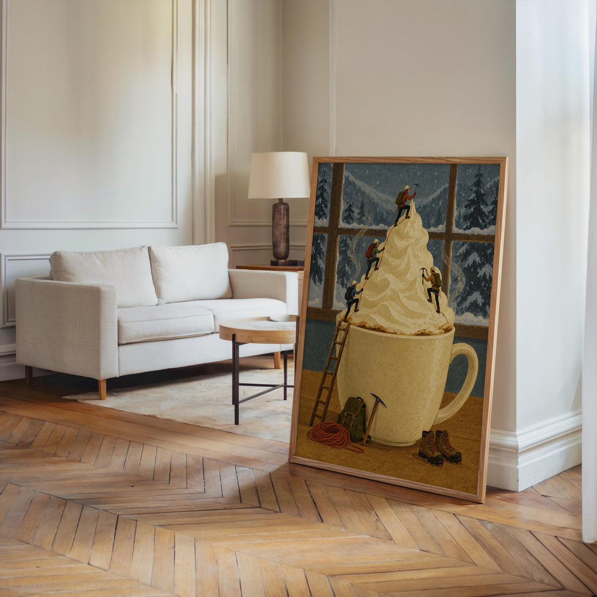 Surreal Coffee Wall Art, Tiny Mountaineers Poster, Cozy Winter Kitchen or Cafe Decor, Miniature People Climbin Mountain Poster