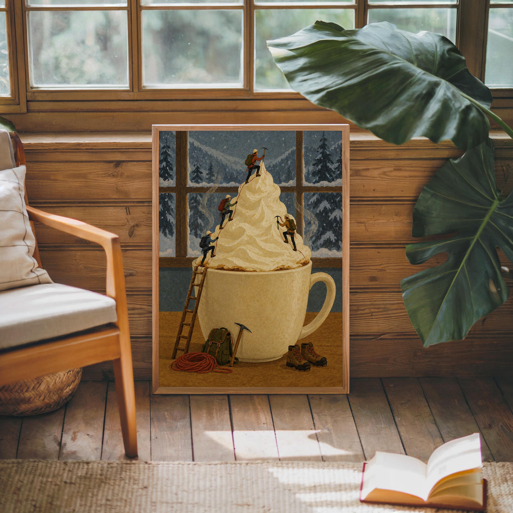 Surreal Coffee Wall Art, Tiny Mountaineers Poster, Cozy Winter Kitchen or Cafe Decor, Miniature People Climbin Mountain Poster