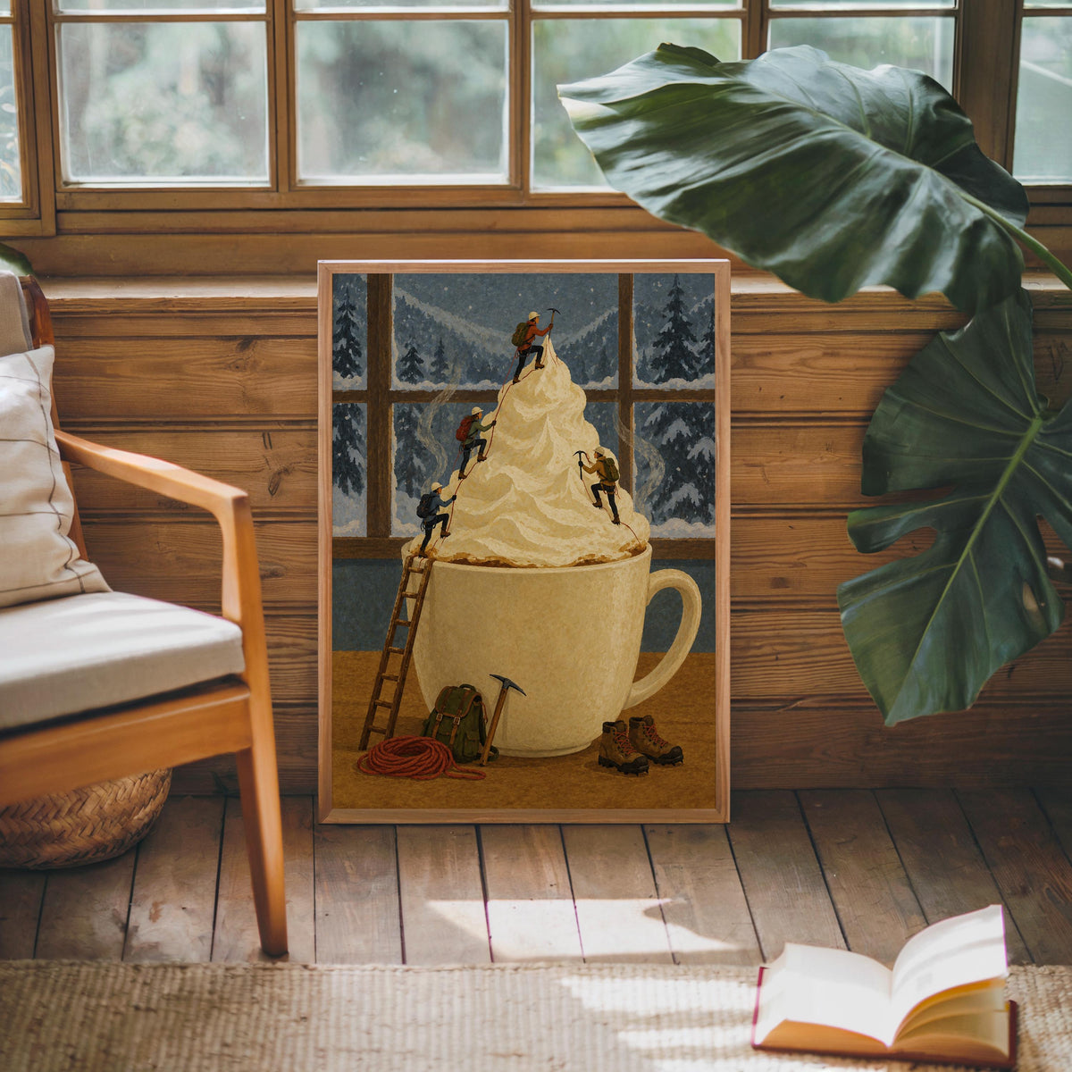 Surreal Coffee Wall Art, Tiny Mountaineers Poster, Cozy Winter Kitchen or Cafe Decor, Miniature People Climbin Mountain Poster