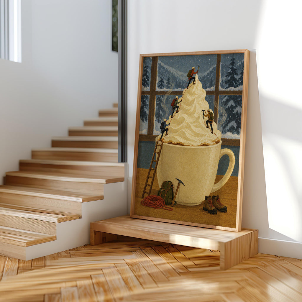 Surreal Coffee Wall Art, Tiny Mountaineers Poster, Cozy Winter Kitchen or Cafe Decor, Miniature People Climbin Mountain Poster