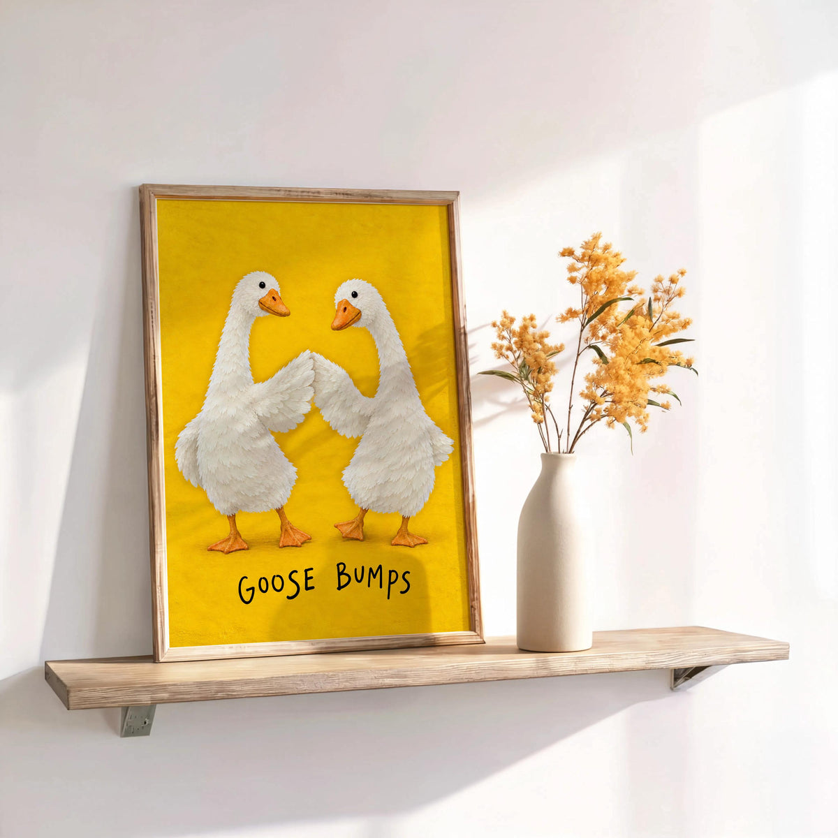 Goose Bumps Wall Art, Funny Fist Bump Geese Poster, Silly Animal Pun Print, Yellow Quirky Home Decor, Playful Gift for Bird Lovers