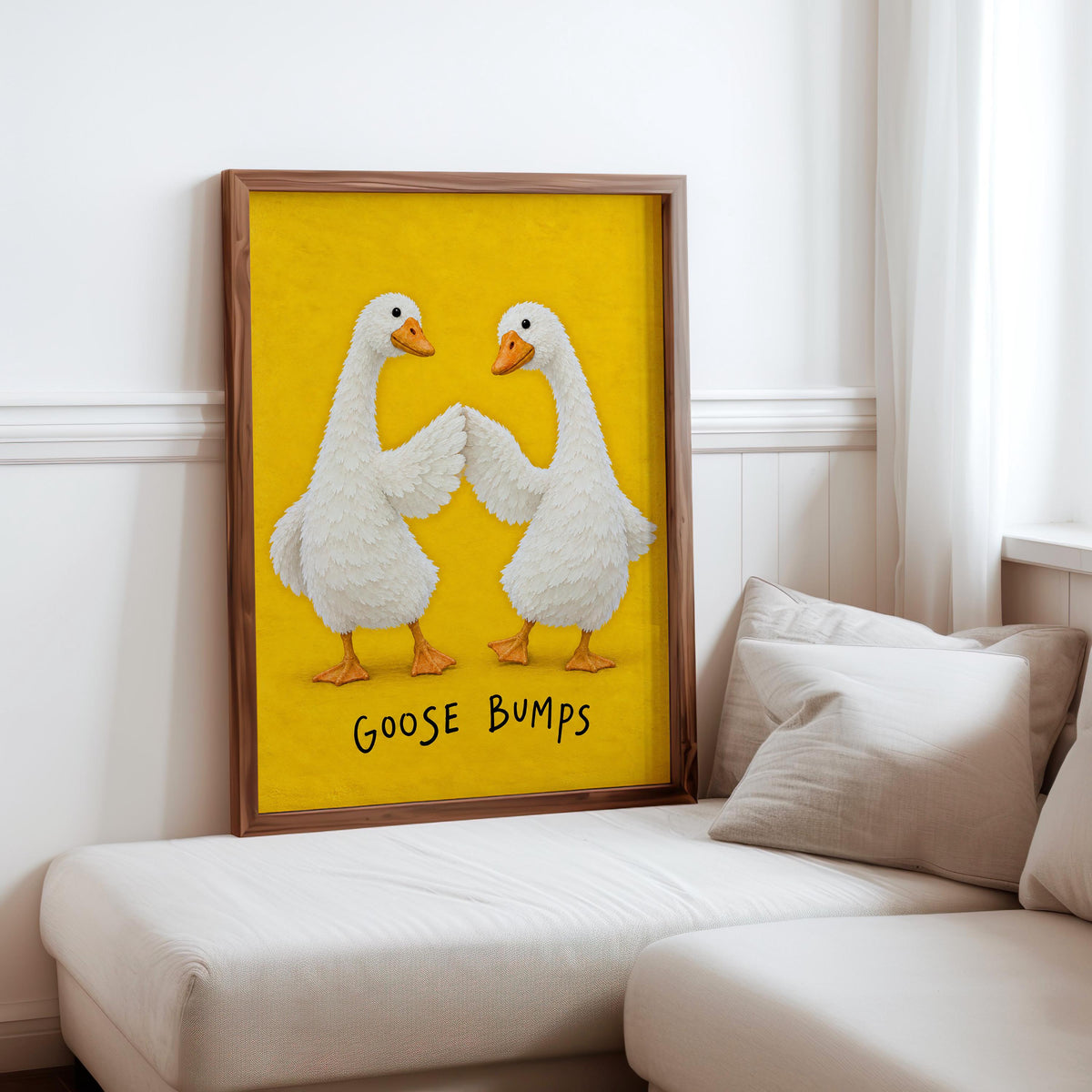 Goose Bumps Wall Art, Funny Fist Bump Geese Poster, Silly Animal Pun Print, Yellow Quirky Home Decor, Playful Gift for Bird Lovers