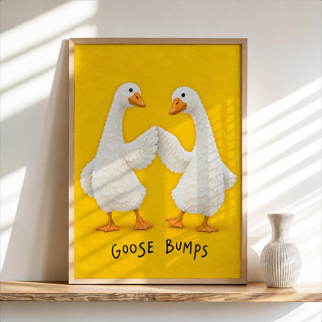 Goose Bumps Wall Art, Funny Fist Bump Geese Poster, Silly Animal Pun Print, Yellow Quirky Home Decor, Playful Gift for Bird Lovers
