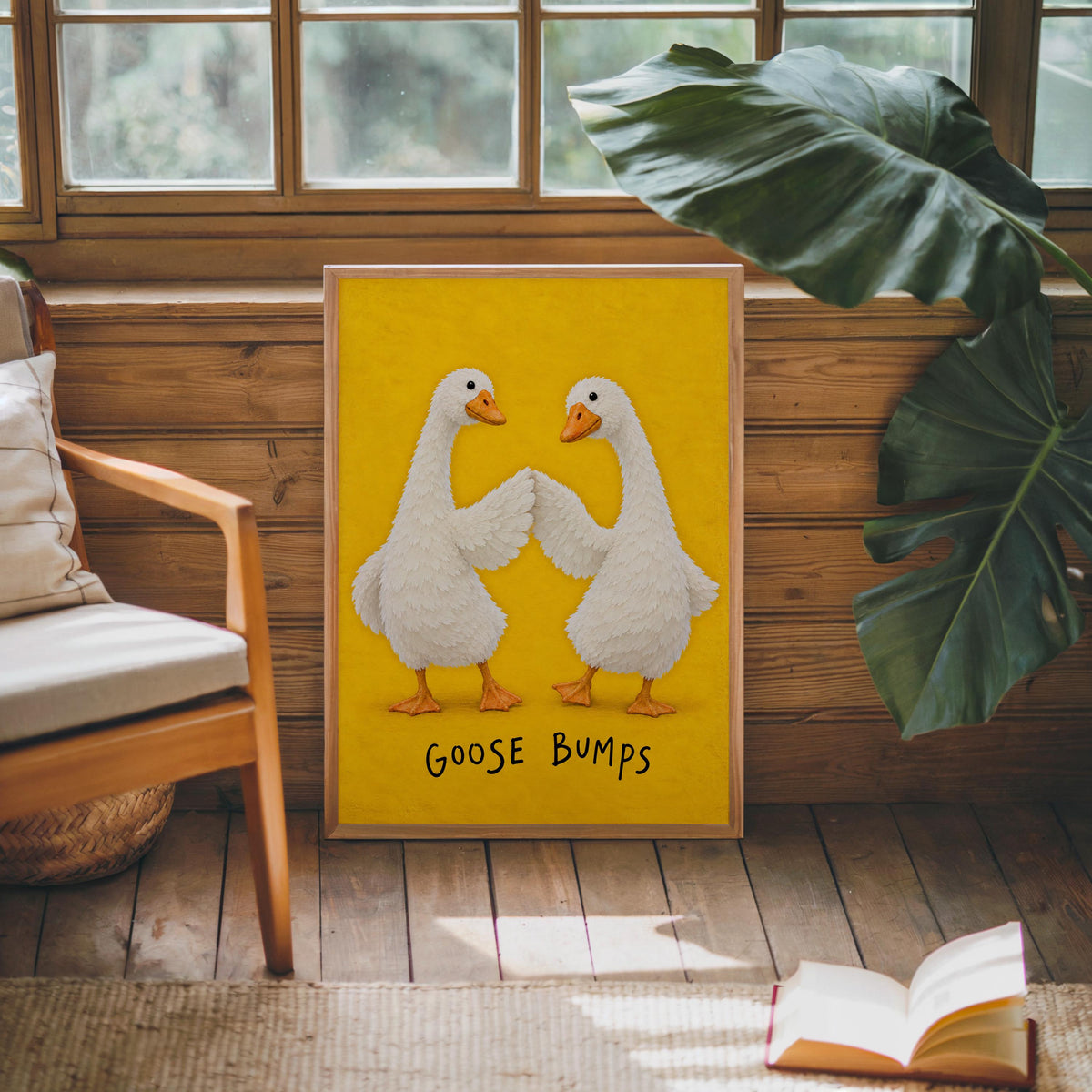Goose Bumps Wall Art, Funny Fist Bump Geese Poster, Silly Animal Pun Print, Yellow Quirky Home Decor, Playful Gift for Bird Lovers