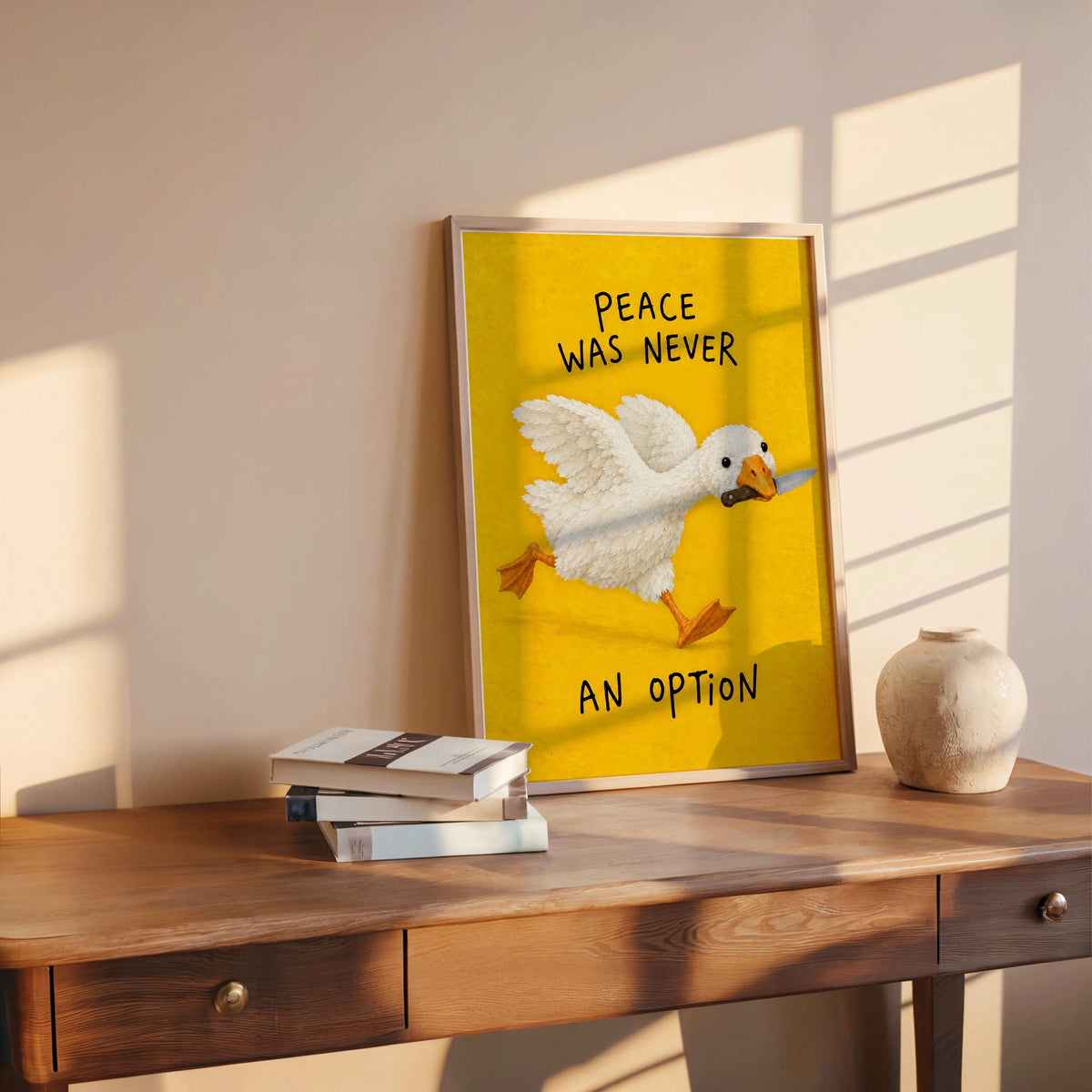 Peace Was Never an Option Wall Art, Silly Goose Meme Print, Dark Humor Quote Decor, Funny Gift for Bird Lovers, Whimsical Quirky Poster