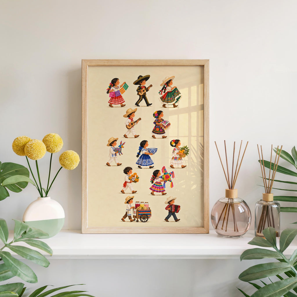 Mexican Heritage Kids Parade Wall Art, Traditional Mexico Children Poster, Folk Culture Print, Colorful Fiesta Latino Decor