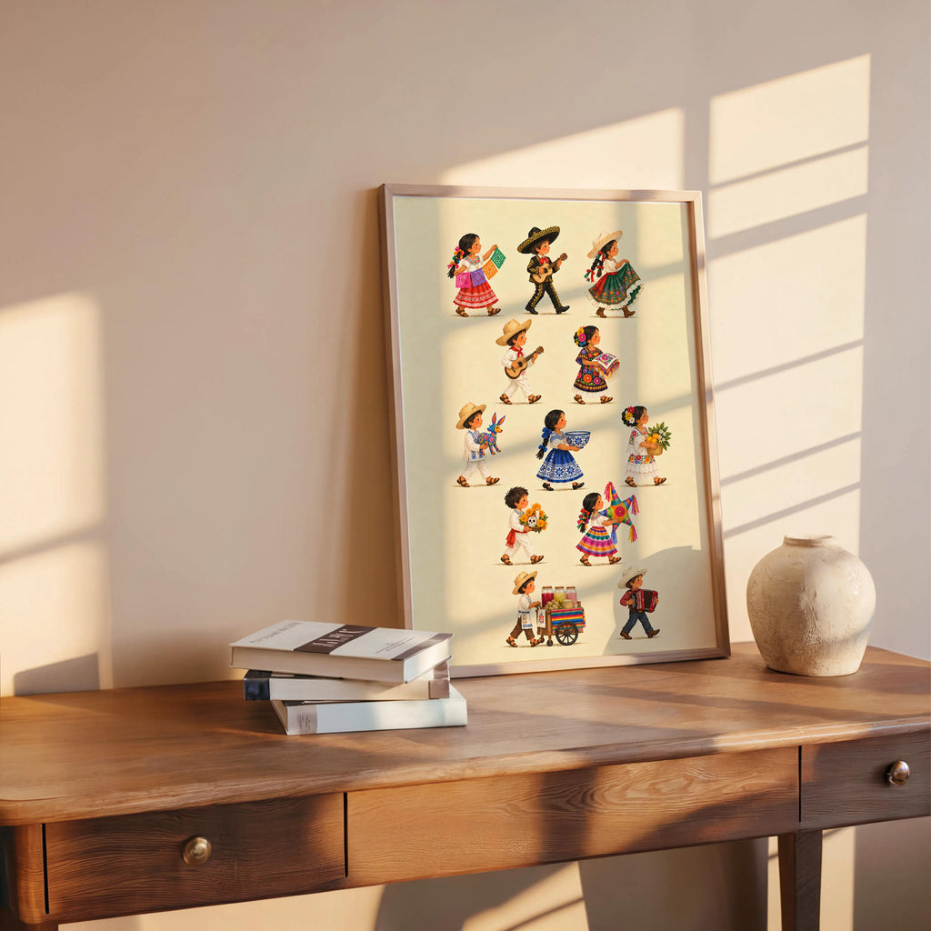 Mexican Heritage Kids Parade Wall Art, Traditional Mexico Children Poster, Folk Culture Print, Colorful Fiesta Latino Decor