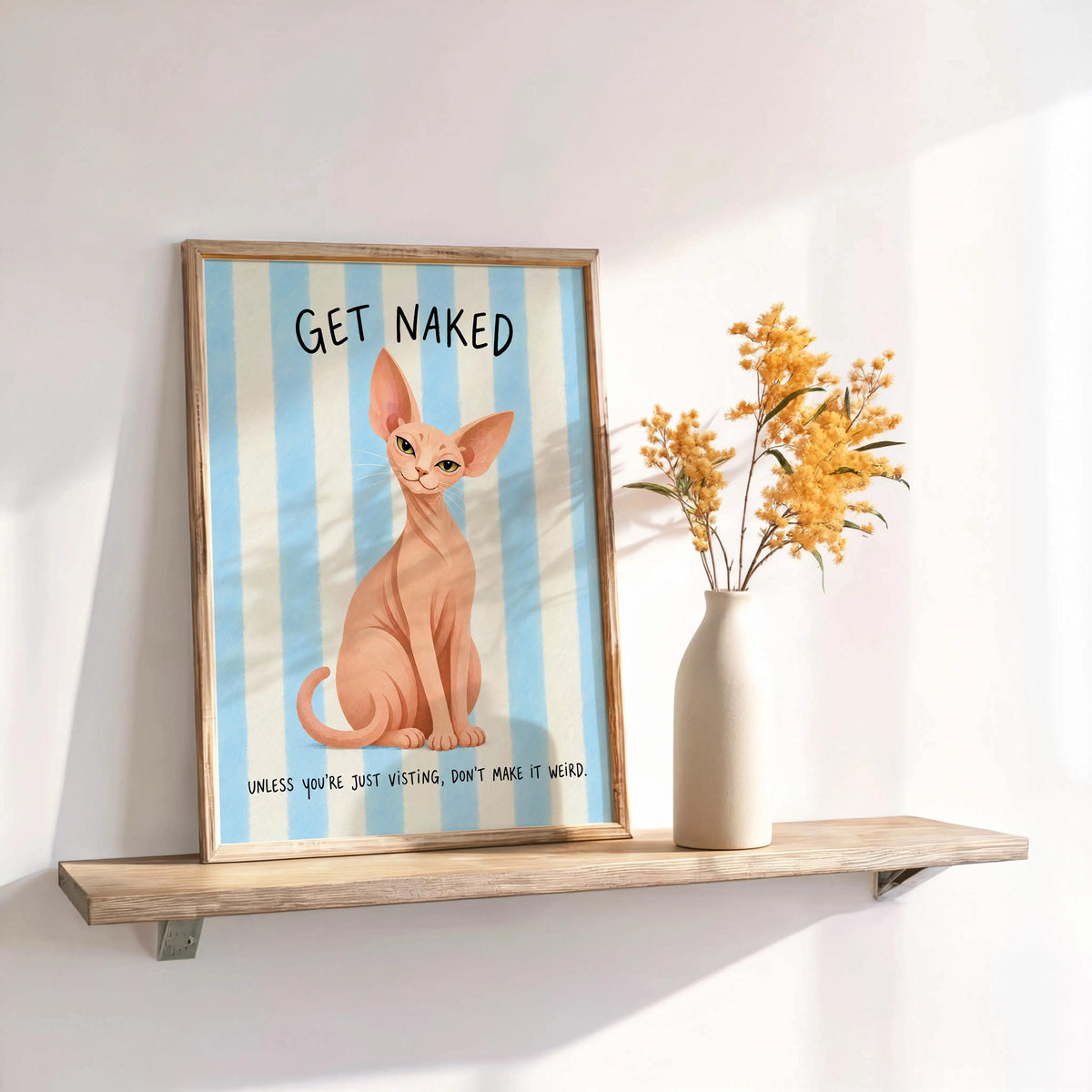 Get Naked Sphynx Cat Bathroom Wall Art, Funny Hairless Cats Poster, Guest Bathroom Quote Print, Blue Striped Powder Room Decor