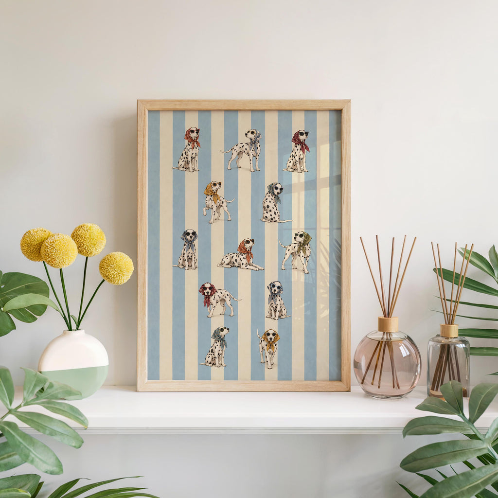 Dalmatian Dog Fashion Wall Art, Funny Dog Poster with Headscarf & Sunglasses, Blue Striped Pet Print, Quirky Chic Dog Lover Decor
