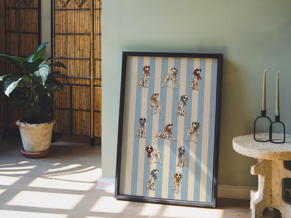 Dalmatian Dog Fashion Wall Art, Funny Dog Poster with Headscarf & Sunglasses, Blue Striped Pet Print, Quirky Chic Dog Lover Decor