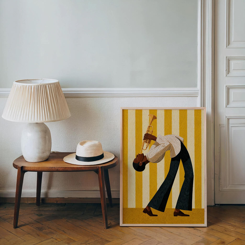 Jazz Trumpet Player Wall Art, Abstract Musician Print, Colorful Striped Mid Century Jazz Poster, Music Room Decor, Unique Jazz Lover Gift