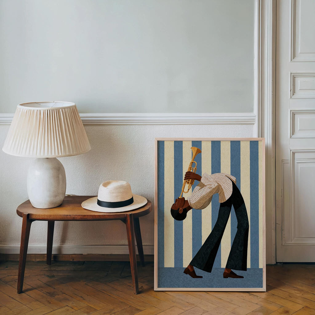 Jazz Trumpet Player Wall Art, Abstract Musician Print, Colorful Striped Mid Century Jazz Poster, Music Room Decor, Unique Jazz Lover Gift