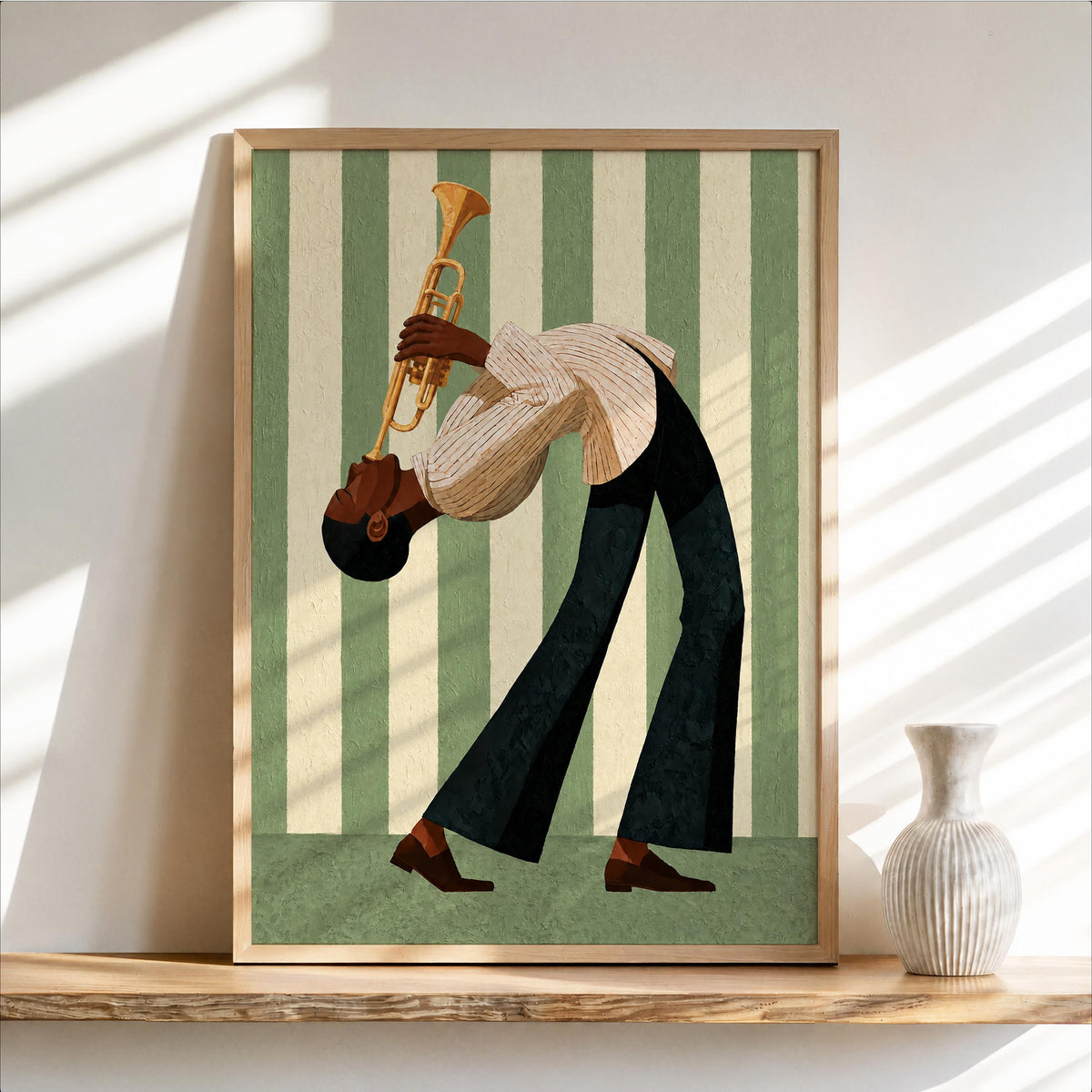 Jazz Trumpet Player Wall Art, Abstract Musician Print, Colorful Striped Mid Century Jazz Poster, Music Room Decor, Unique Jazz Lover Gift