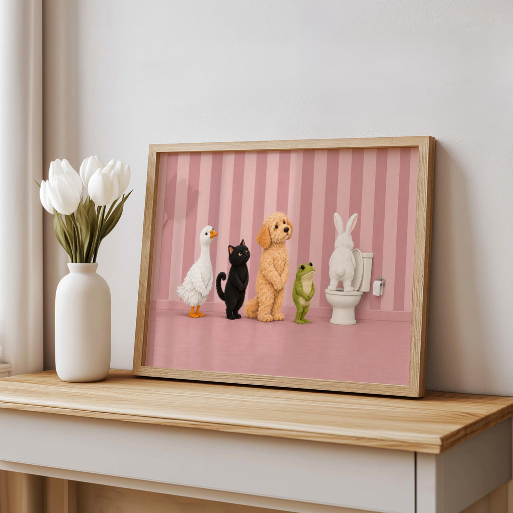 Bathroom Animal Queue Wall Art, Funny Animals Waiting for Toilet Print, Quirky Restroom Poster, Guest Bathroom Humor Decor