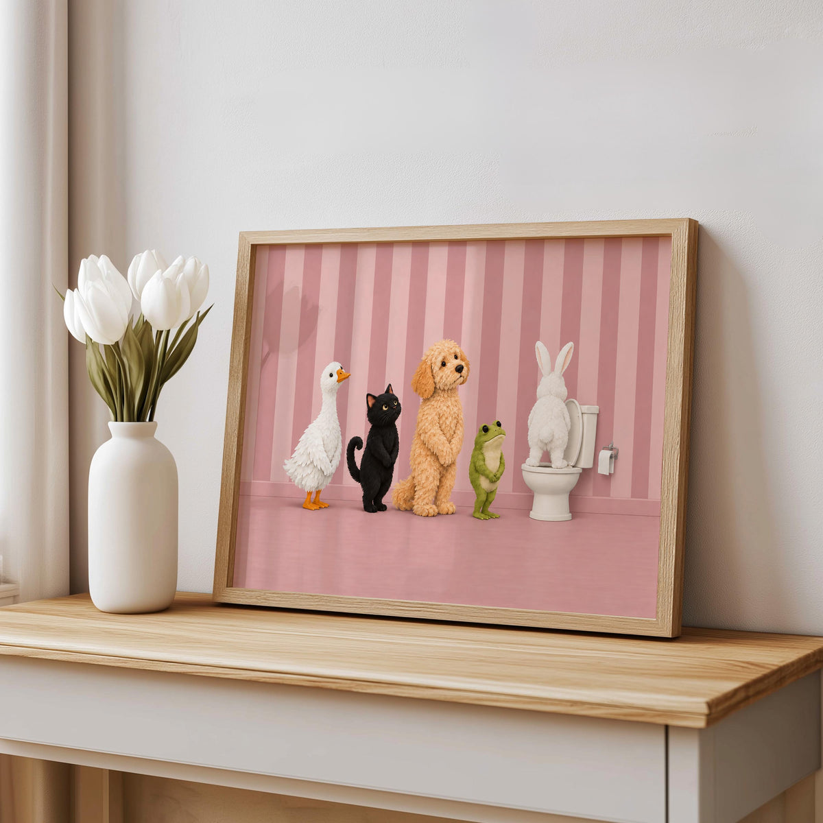 Bathroom Animal Queue Wall Art, Funny Animals Waiting for Toilet Print, Quirky Restroom Poster, Guest Bathroom Humor Decor