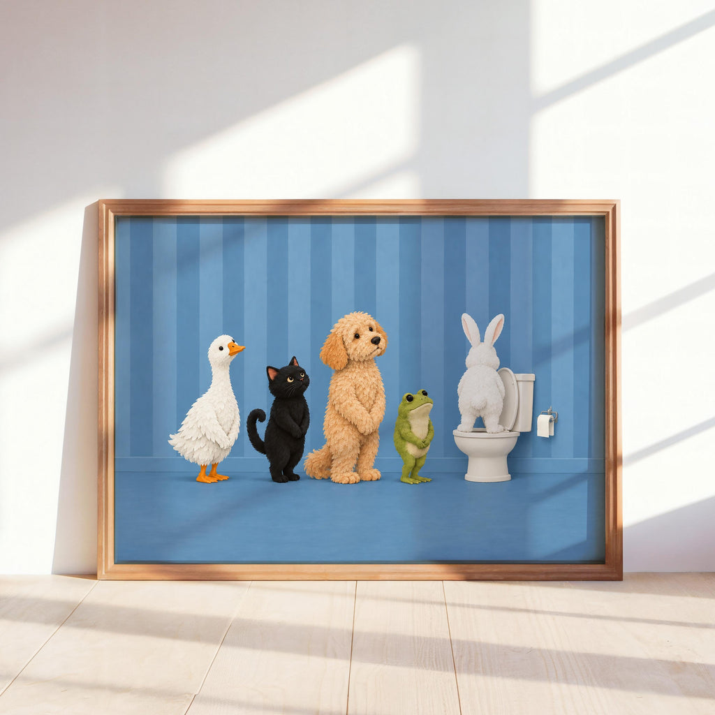 Bathroom Animal Queue Wall Art, Funny Animals Waiting for Toilet Print, Quirky Restroom Poster, Guest Bathroom Humor Decor