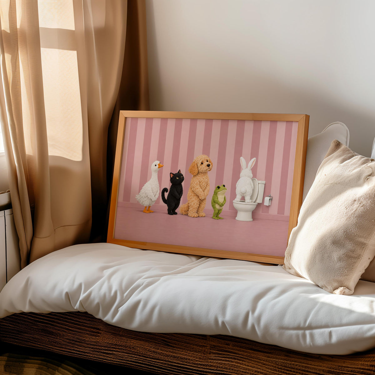 Bathroom Animal Queue Wall Art, Funny Animals Waiting for Toilet Print, Quirky Restroom Poster, Guest Bathroom Humor Decor