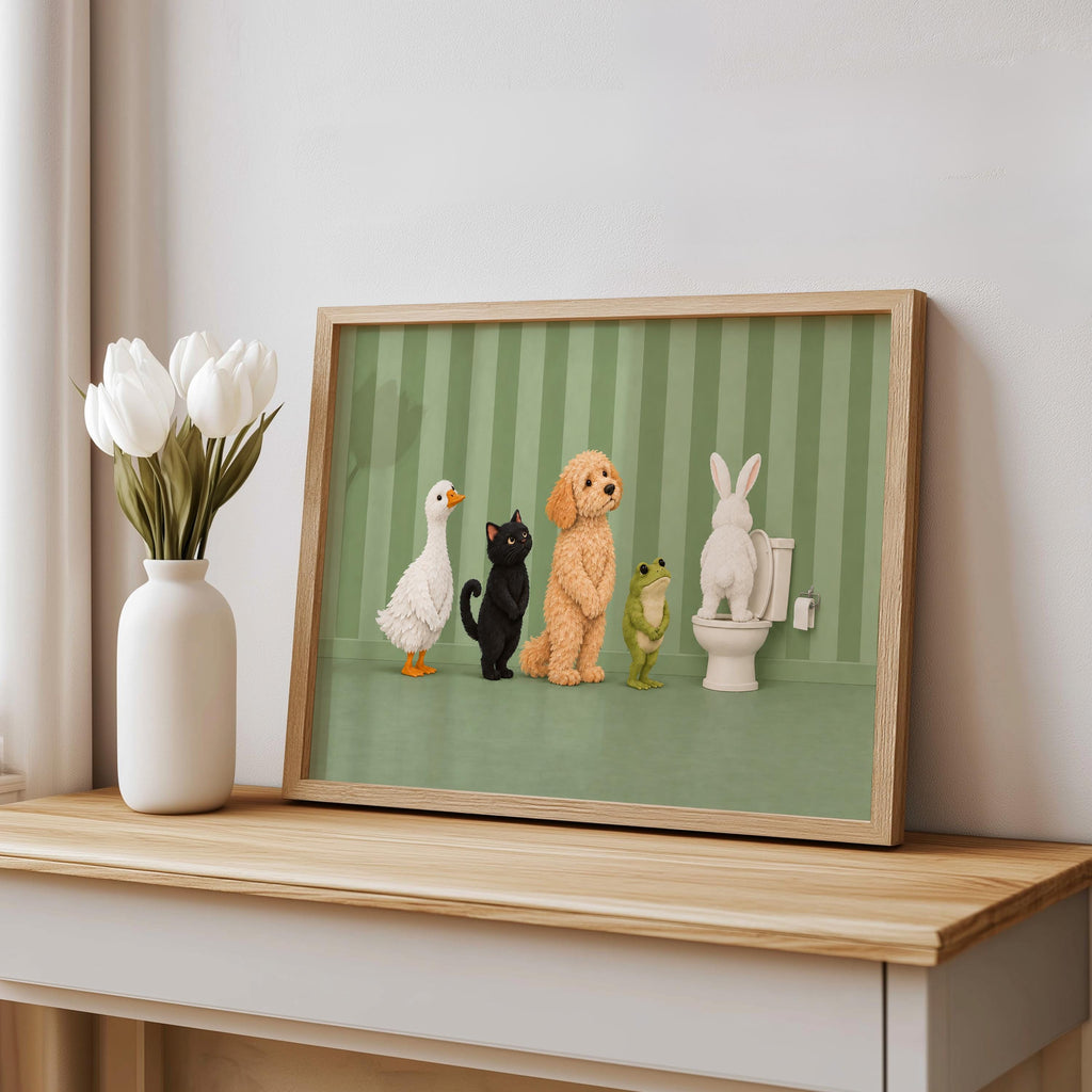Bathroom Animal Queue Wall Art, Funny Animals Waiting for Toilet Print, Quirky Restroom Poster, Guest Bathroom Humor Decor