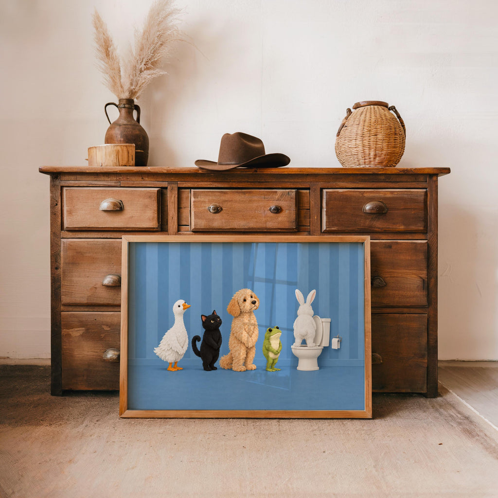 Bathroom Animal Queue Wall Art, Funny Animals Waiting for Toilet Print, Quirky Restroom Poster, Guest Bathroom Humor Decor