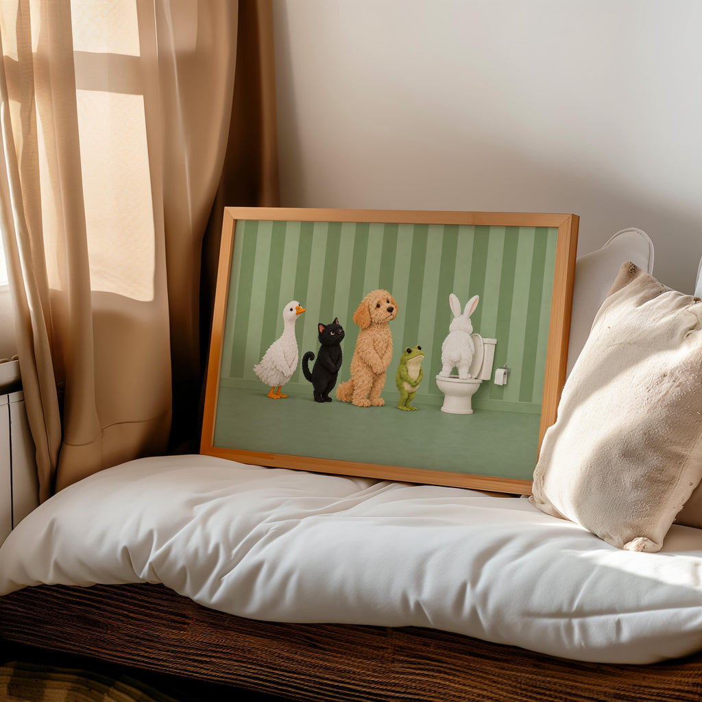Bathroom Animal Queue Wall Art, Funny Animals Waiting for Toilet Print, Quirky Restroom Poster, Guest Bathroom Humor Decor