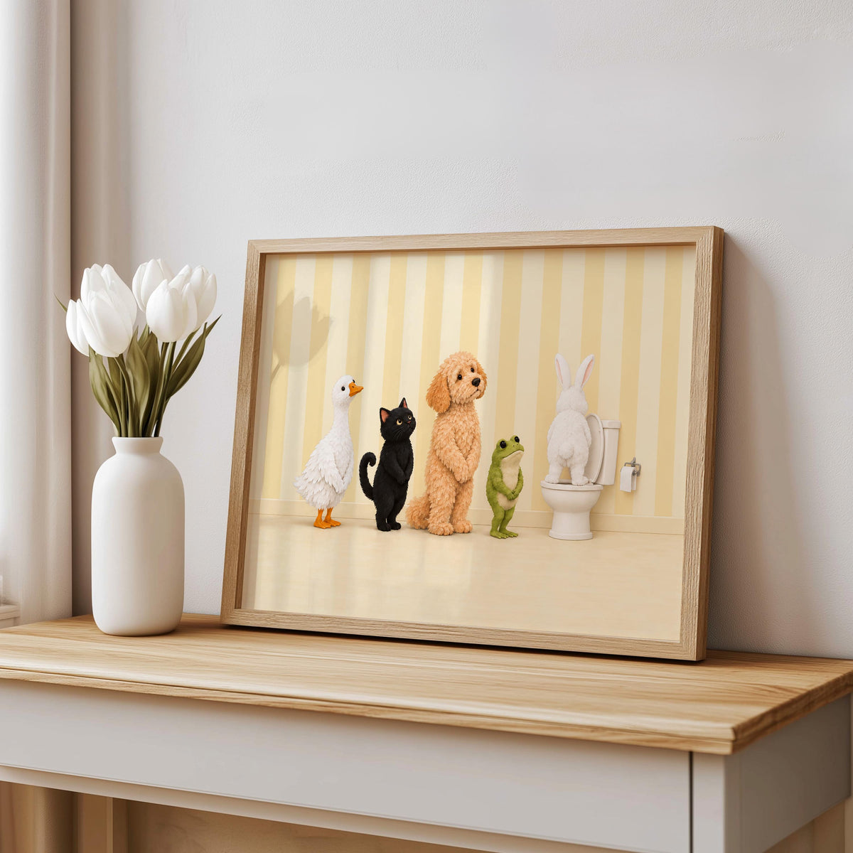 Bathroom Animal Queue Wall Art, Funny Animals Waiting for Toilet Print, Quirky Restroom Poster, Guest Bathroom Humor Decor