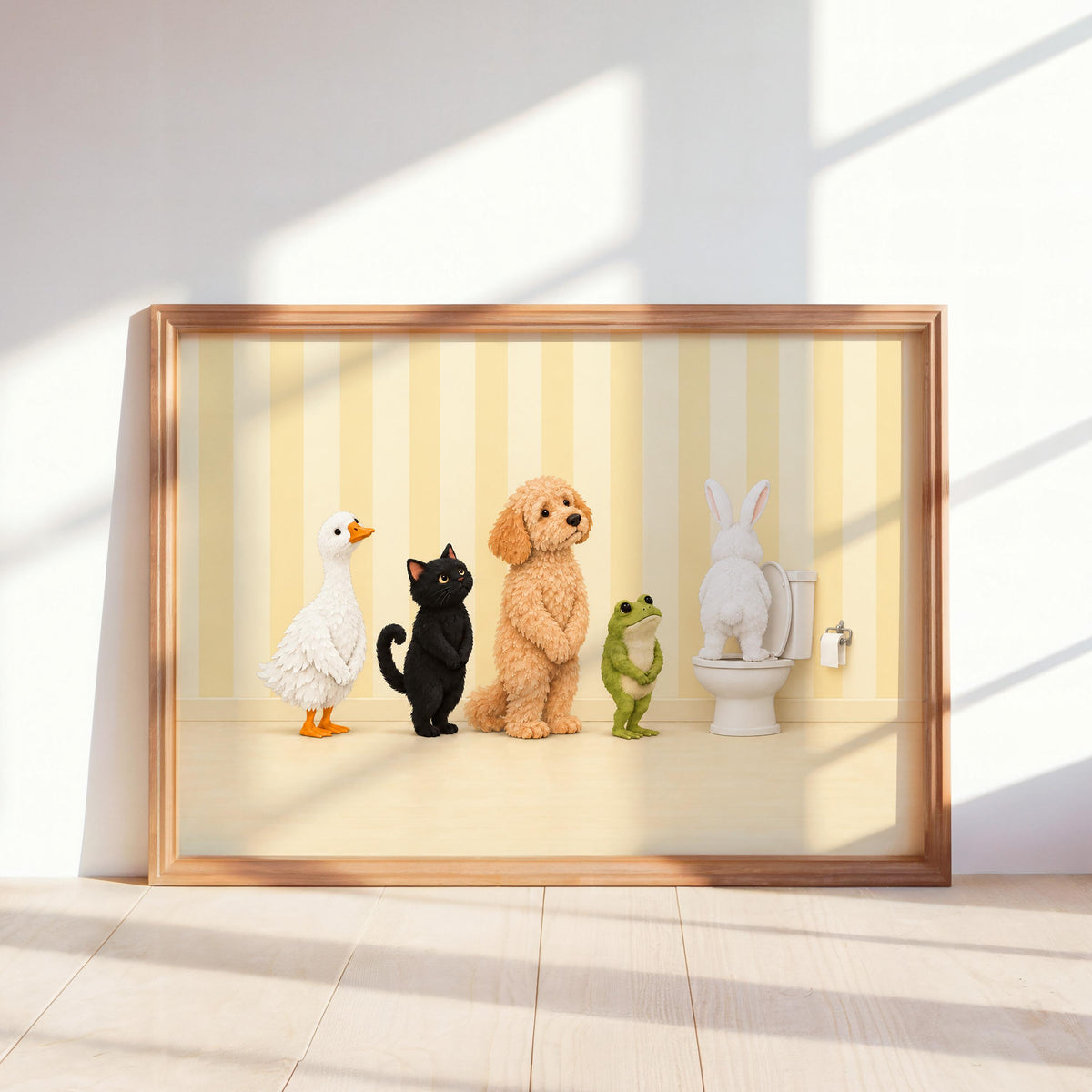 Bathroom Animal Queue Wall Art, Funny Animals Waiting for Toilet Print, Quirky Restroom Poster, Guest Bathroom Humor Decor