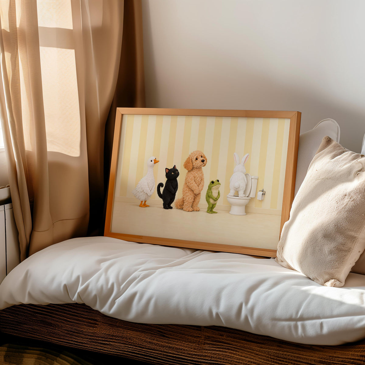 Bathroom Animal Queue Wall Art, Funny Animals Waiting for Toilet Print, Quirky Restroom Poster, Guest Bathroom Humor Decor