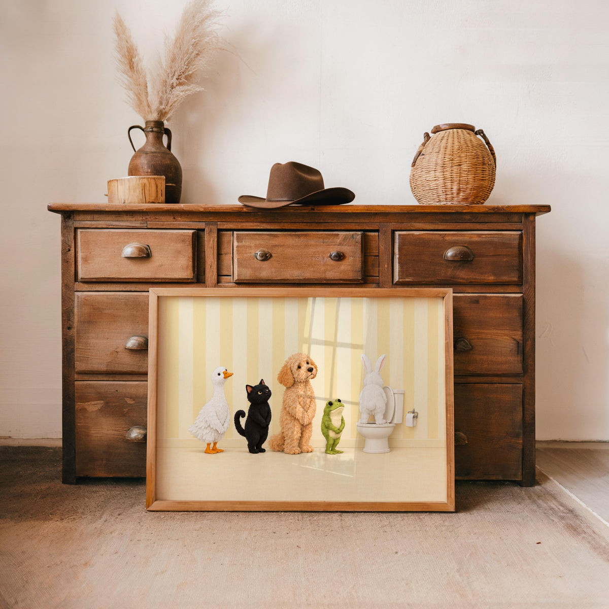 Bathroom Animal Queue Wall Art, Funny Animals Waiting for Toilet Print, Quirky Restroom Poster, Guest Bathroom Humor Decor