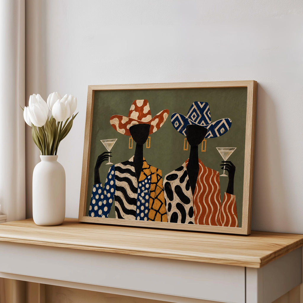 Martini Cowgirl Fashion Poster, Abstract Women Wall Art, Patterned Western Luxury Print, Retro Olive Decor, Cocktail Lover Gift